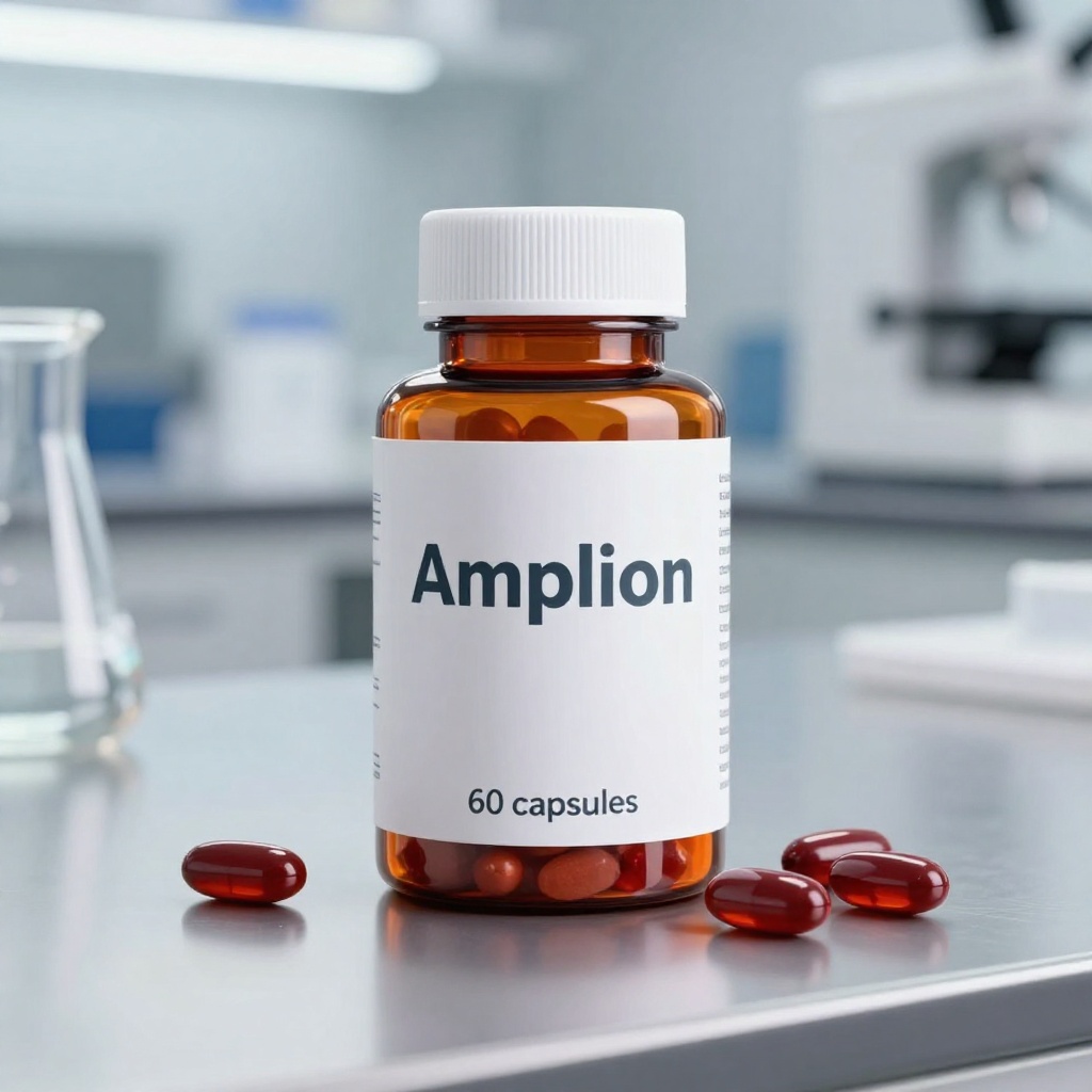 Cutia produsului Amplion pe fundal neutru, supliment natural pentru circulația sanguină în ambalaj albastru elegant cu design modern și logo clar vizibil